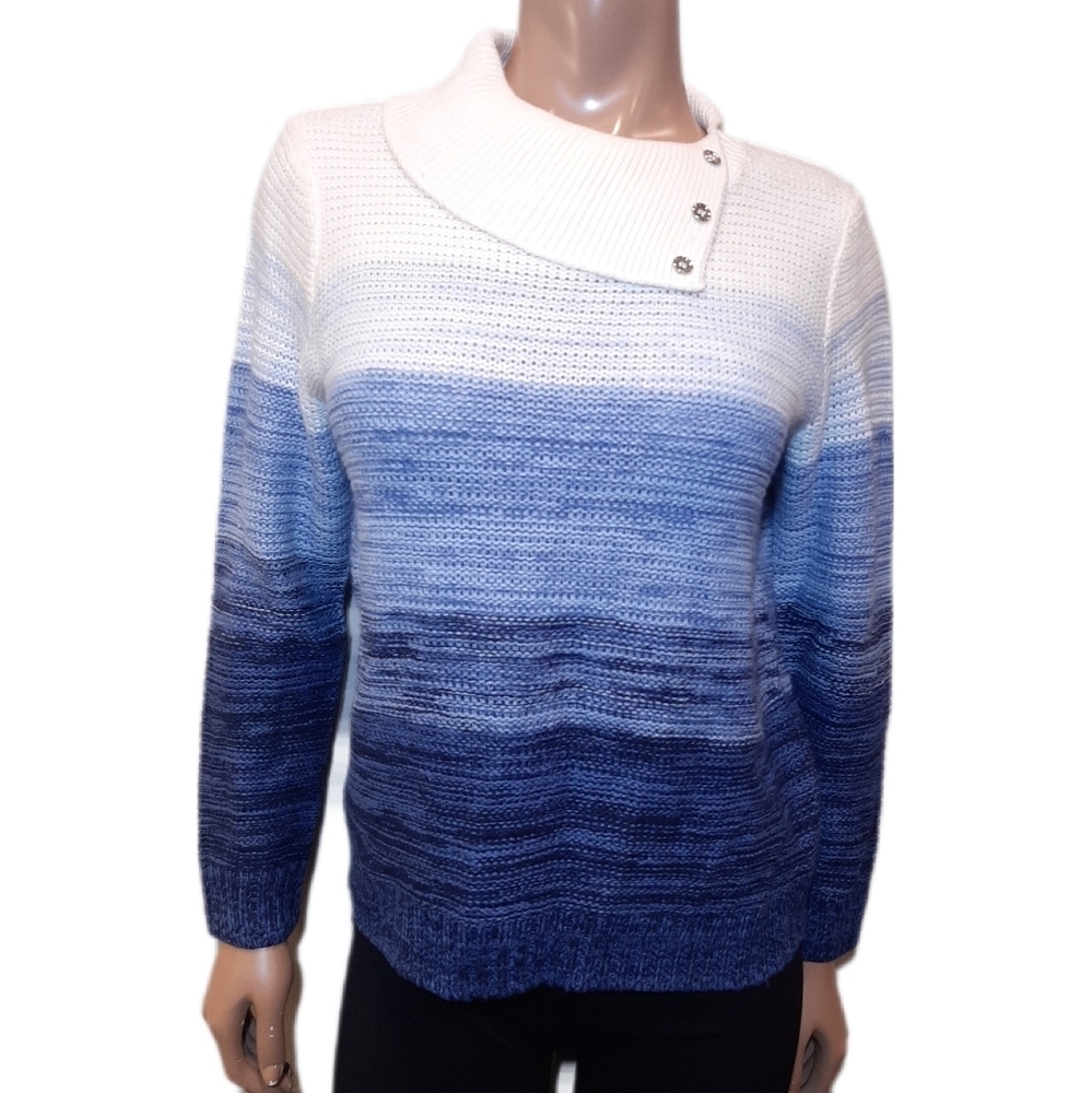 3/$20 Alia Ombre Striped Cowl Neck Sweater Button Accent Petite Size Small Blue